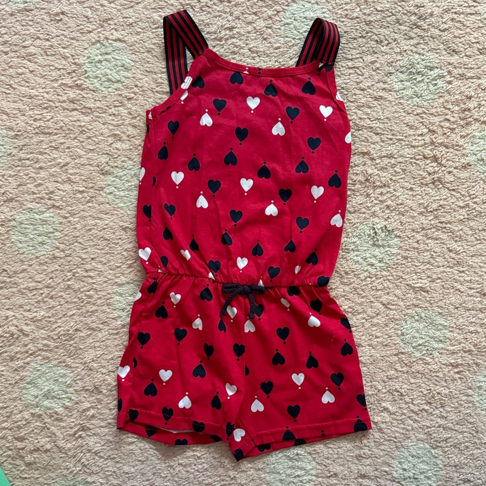 Toddler romper. Red with hearts and tag